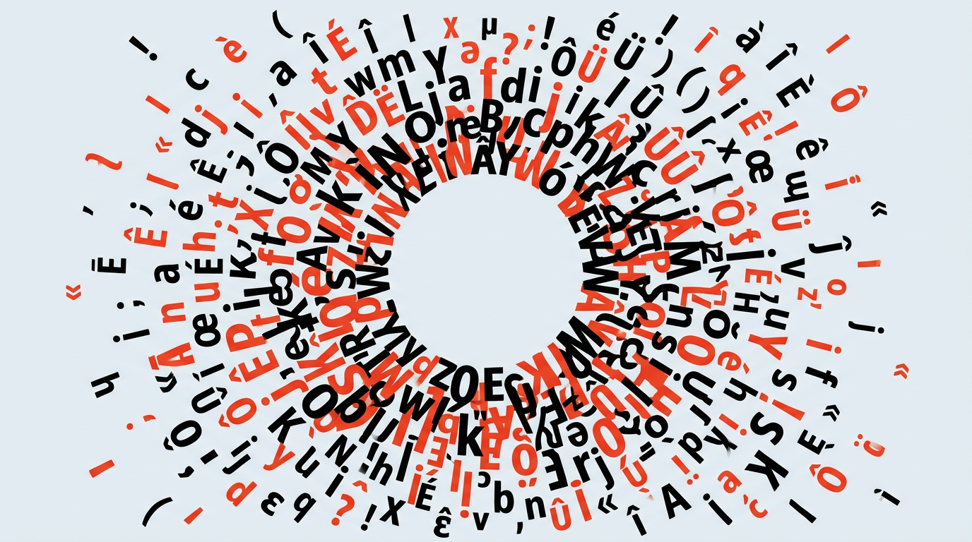 Illustration de lettres et signes de ponctuation éparpillés en éclat autour d'un centre vide