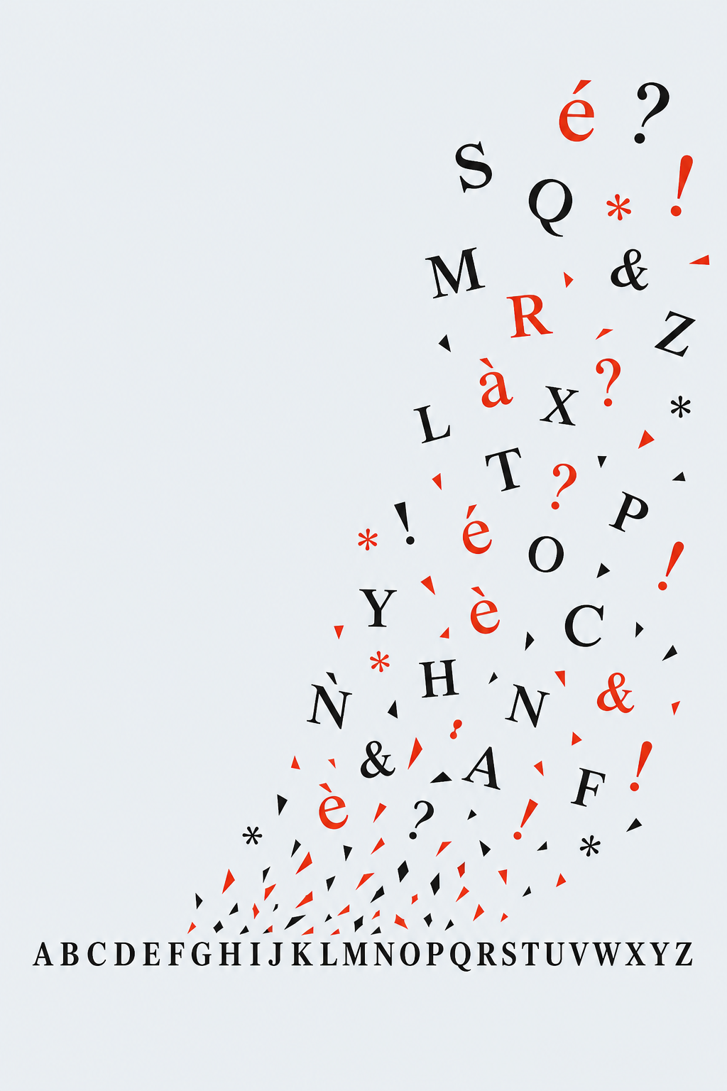 Illustration d'une ligne de texte typographiée qui éclate : des lettres, des accents et des signes de ponctuation s'en détachent et s'envolent, comme une créativité qui ne reste pas bridée